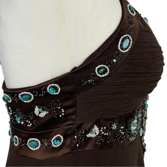 Vintage Sue Wong‎ Fairy Grunge Silk Midi Dress Size 4 Y2K Brown Bead Turquoise - Picture 7 of 16